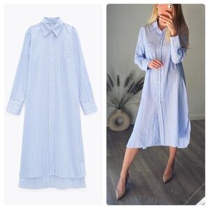 Zara Shirt Dress Blue Striped Midi